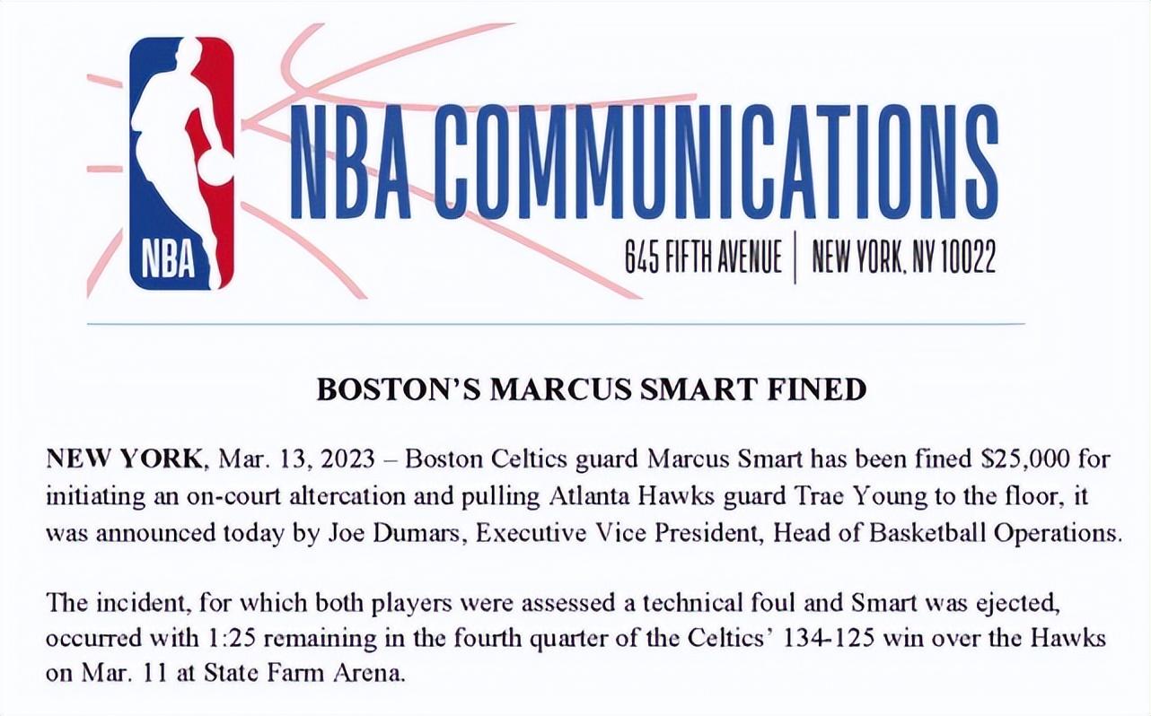 NBA官宣罚单（斯马特罚款25000美元 抱摔特雷杨引起冲突）