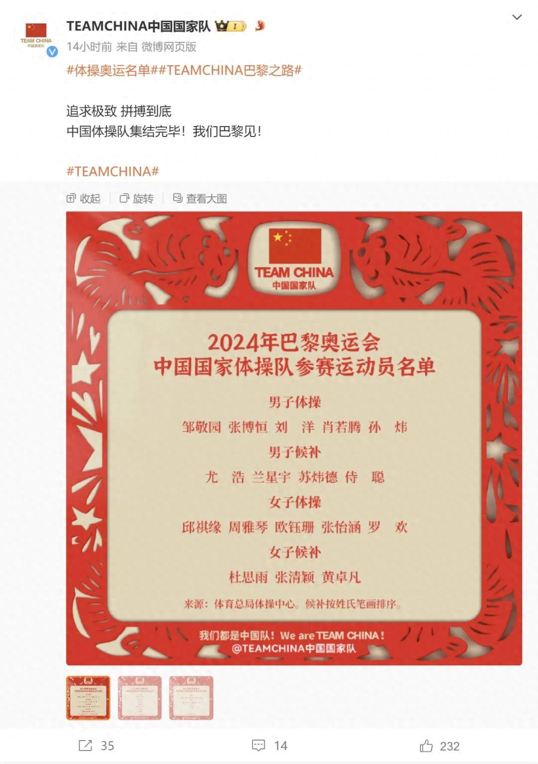 2024年巴黎奥运会：中国队公布体操、蹦床和艺术体操参赛运动员名单